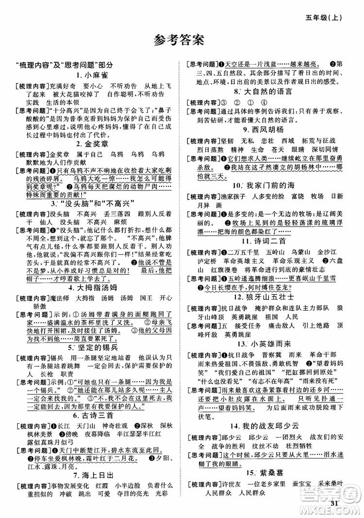2018新版陽光同學(xué)課時(shí)優(yōu)化作業(yè)五年級(jí)上冊(cè)語文語文s版參考答案