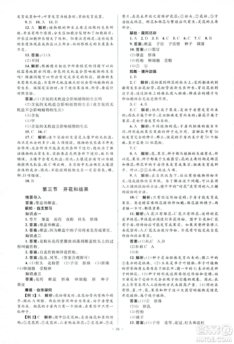 2018人教版新課標(biāo)初中同步學(xué)習(xí)目標(biāo)與檢測(cè)七年級(jí)生物上冊(cè)參考答案
