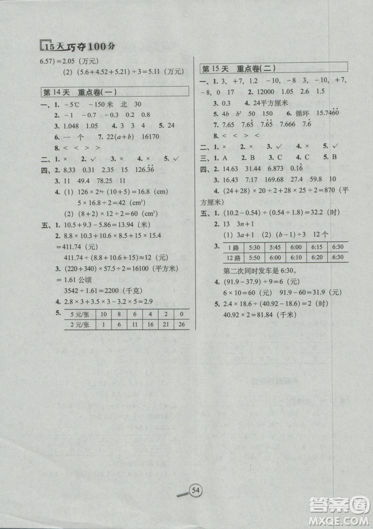 2018秋蘇教版SJ15天巧奪100分五年級上冊數(shù)學參考答案
