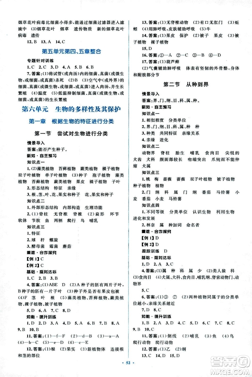 2018人教版新課標(biāo)初中同步學(xué)習(xí)目標(biāo)與檢測(cè)八年級(jí)生物上冊(cè)參考答案