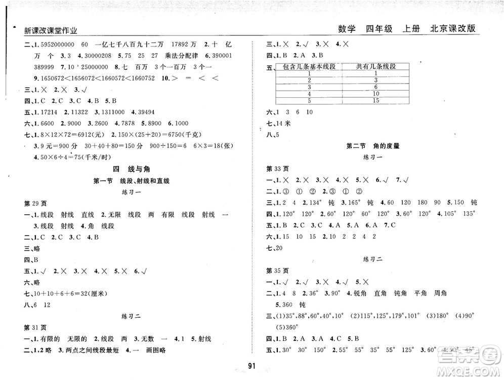 2018版新課改課堂作業(yè)四年級上冊數(shù)學(xué)北師課改版參考答案