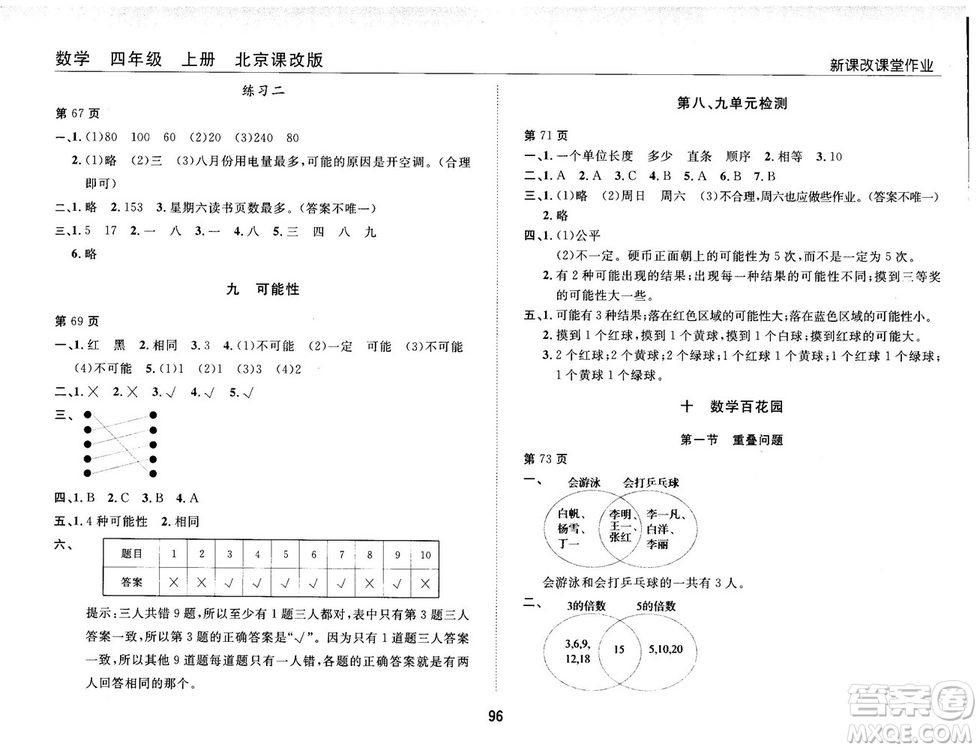 2018版新課改課堂作業(yè)四年級上冊數(shù)學(xué)北師課改版參考答案