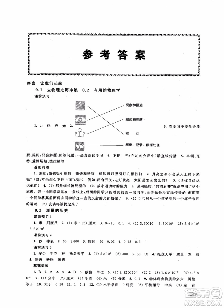 2018年新思路輔導(dǎo)與訓(xùn)練物理八年級(jí)第一學(xué)期參考答案