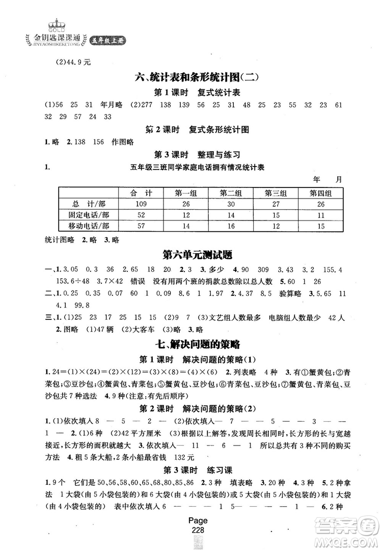 2018秋金鑰匙課課通5年級上冊數(shù)學(xué)江蘇版參考答案