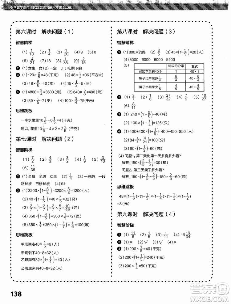 2018年小學(xué)數(shù)學(xué)課內(nèi)培優(yōu)跟蹤練習(xí)冊(cè)六年級(jí)上冊(cè)參考答案