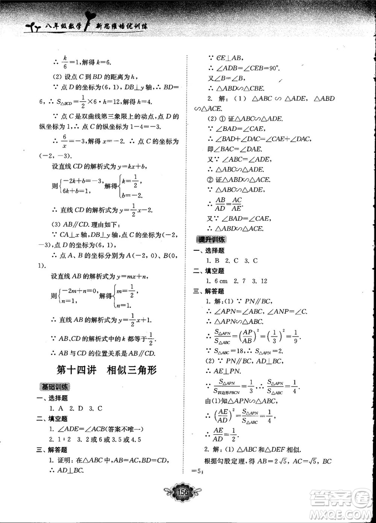 南大勵學新思維培優(yōu)訓練數(shù)學八年級參考答案