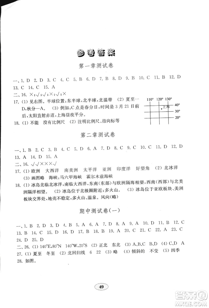 2018秋金鑰匙地理試卷五四制魯教版六年級上冊參考答案