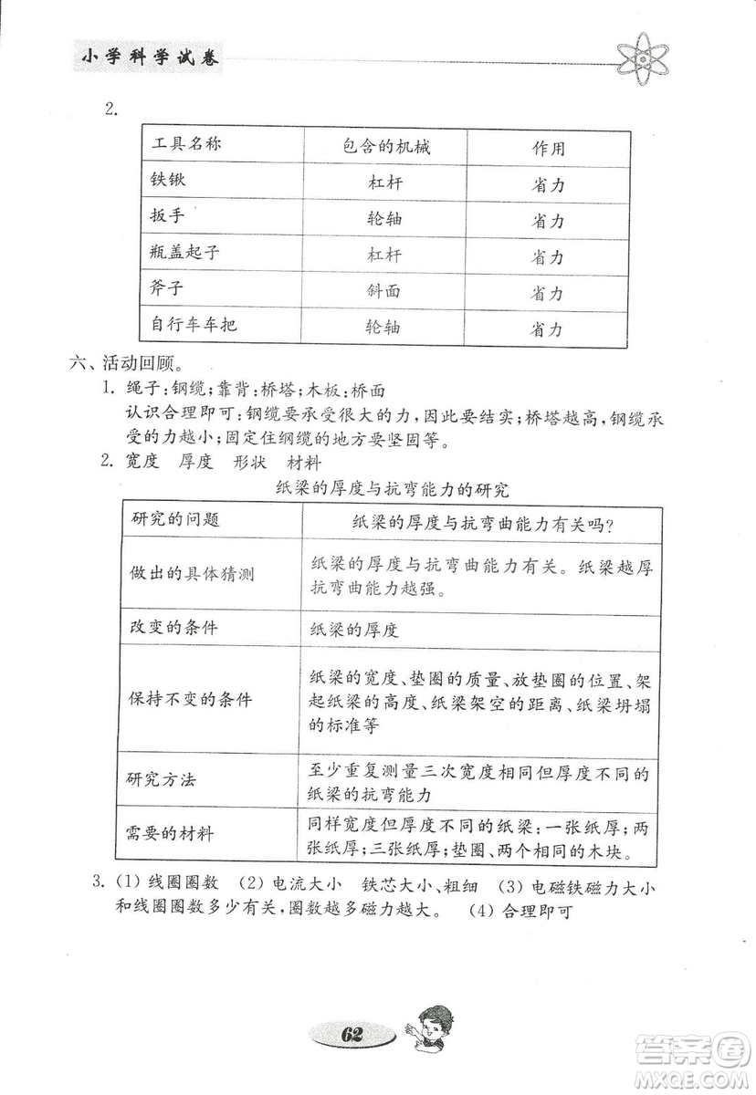 教科版六年級上冊金鑰匙小學(xué)科學(xué)試卷2018秋參考答案