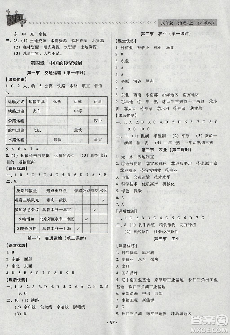 2018年全優(yōu)點練課計劃八年級地理上冊人教版參考答案