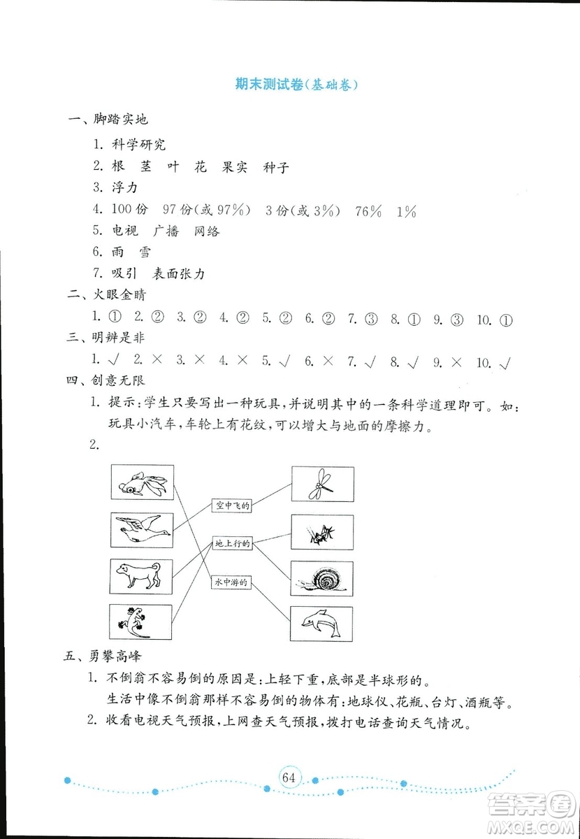 金版2018金鑰匙小學(xué)科學(xué)試卷三年級上冊青島版參考答案