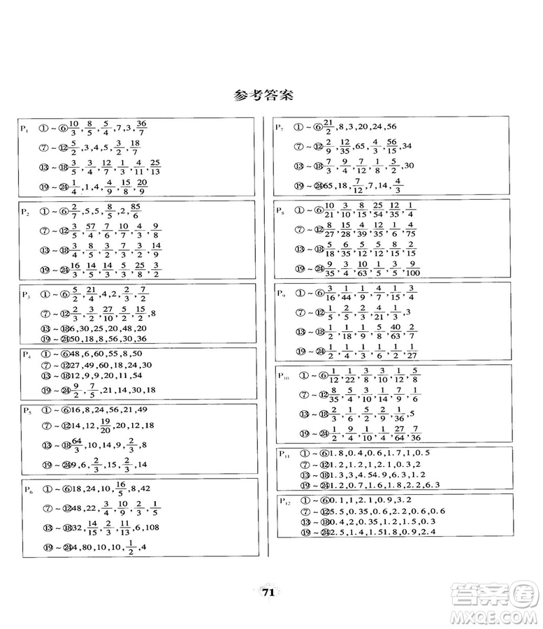 2018計算小能手口算題卡六年級上冊人教版參考答案