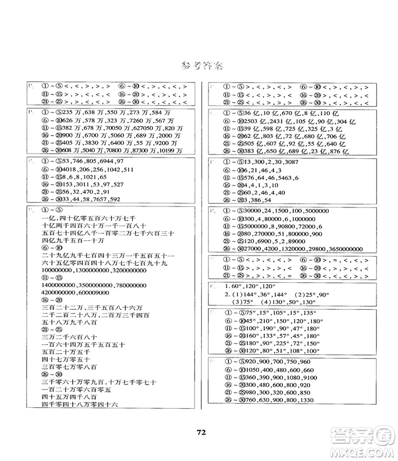 2018秋計(jì)算小能手四年級上冊口算題卡人教版參考答案