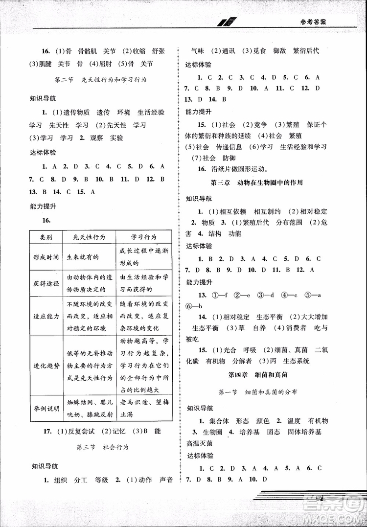 2018自主與互動新課程學(xué)習(xí)輔導(dǎo)初中八年級上冊生物學(xué)人教版參考答案