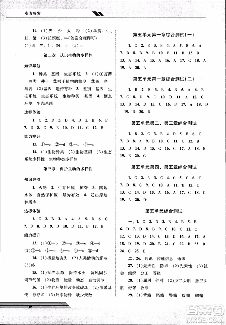 2018自主與互動新課程學(xué)習(xí)輔導(dǎo)初中八年級上冊生物學(xué)人教版參考答案