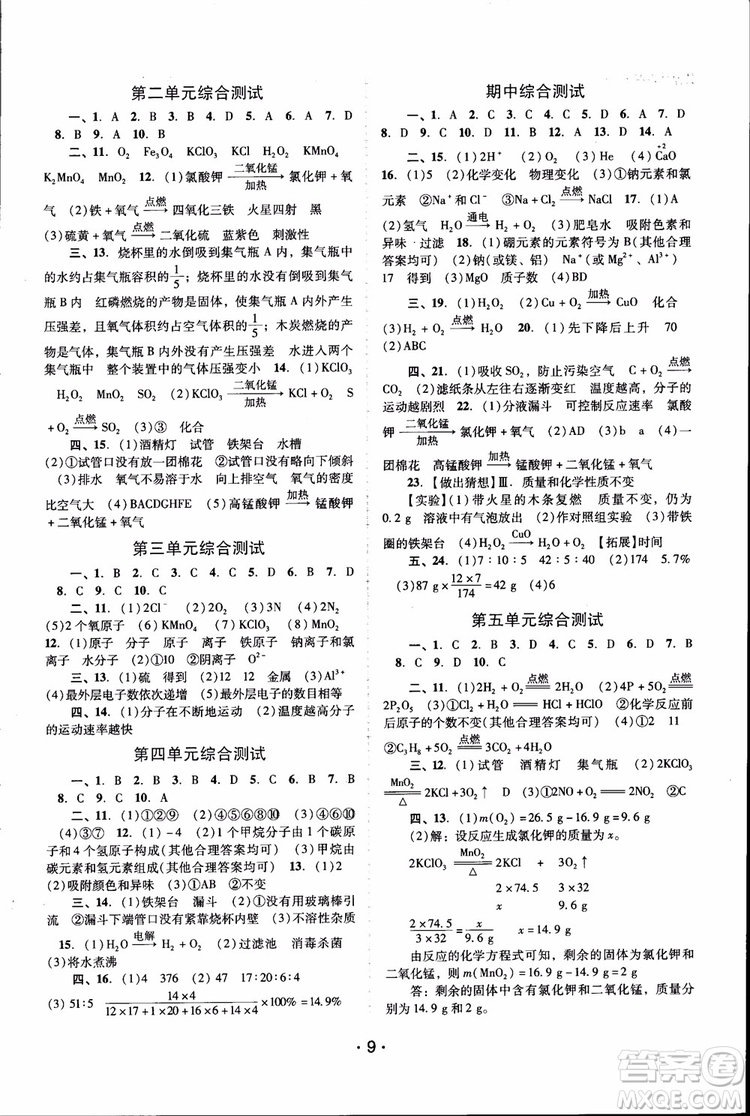 2018年自主與互動(dòng)學(xué)習(xí)新課程學(xué)習(xí)輔導(dǎo)化學(xué)九年級(jí)上冊(cè)人教版RJ參考答案