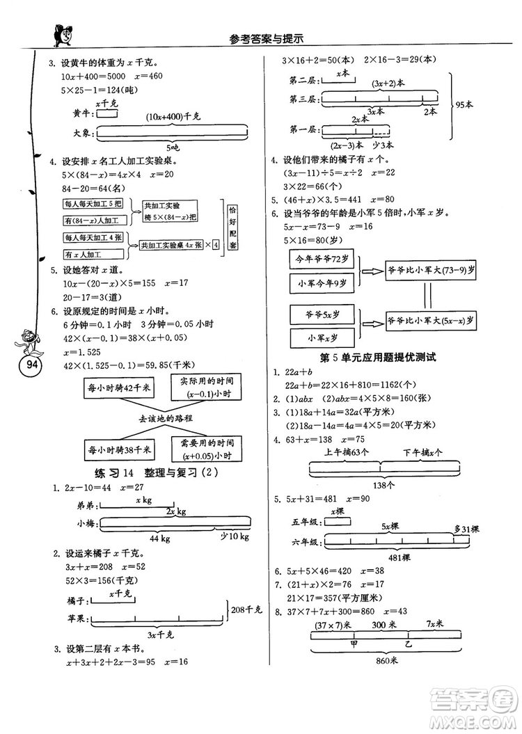 春雨教育2018年秋小學(xué)數(shù)學(xué)應(yīng)用題解題高手5年級(jí)上冊(cè)人教版參考答案