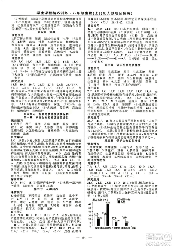 學生課程精巧訓練2018版生物八年級上冊人教RJ版答案