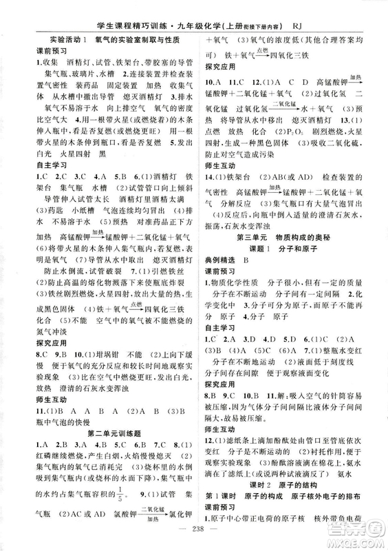 2018版學生課程精巧訓(xùn)練化學八年級上冊人教RJ版答案