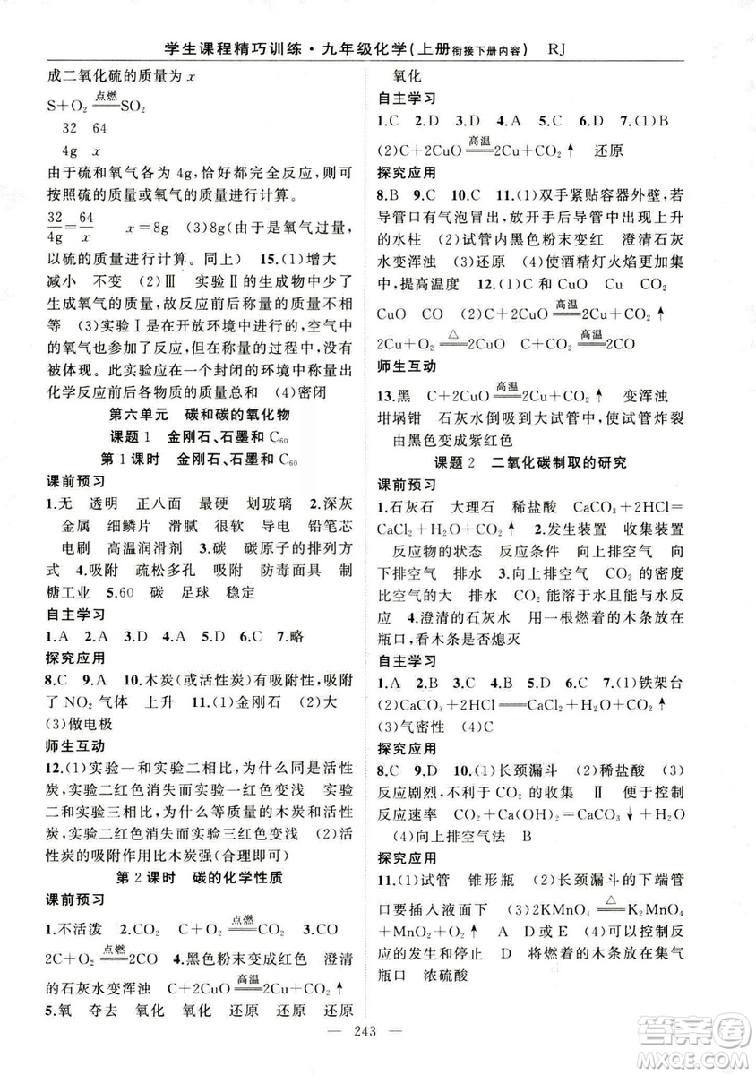 2018版學生課程精巧訓(xùn)練化學八年級上冊人教RJ版答案