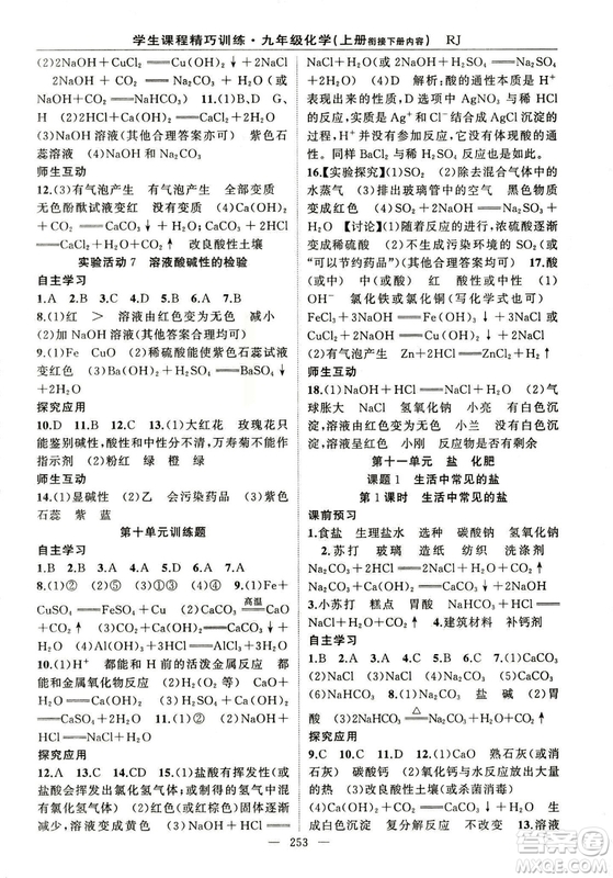 2018版學生課程精巧訓(xùn)練化學八年級上冊人教RJ版答案
