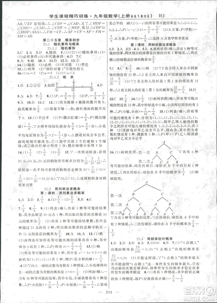 2018版學(xué)生課程精巧訓(xùn)練數(shù)學(xué)九年級(jí)上冊(cè)人教RJ版答案