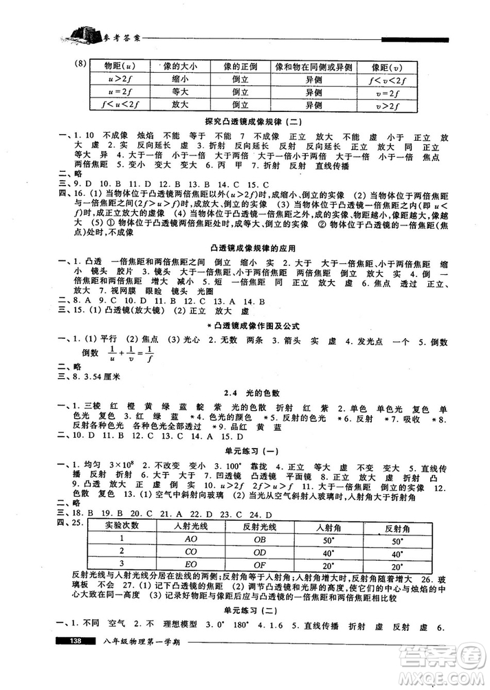 我能考第一金牌一課一練2018版物理試用本八年級(jí)第一學(xué)期參考答案