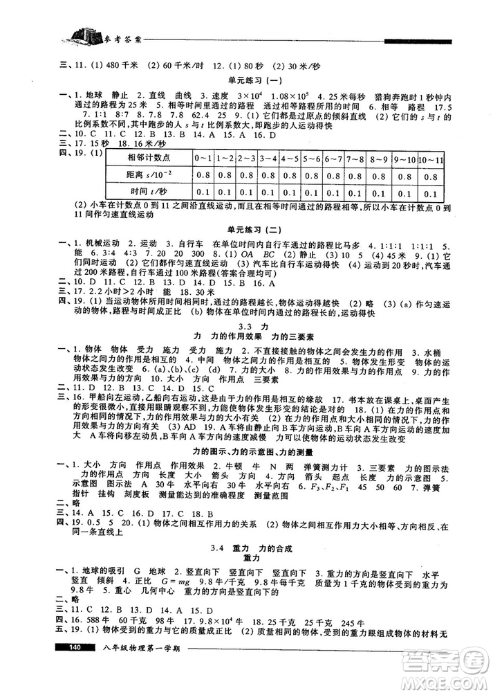 我能考第一金牌一課一練2018版物理試用本八年級(jí)第一學(xué)期參考答案