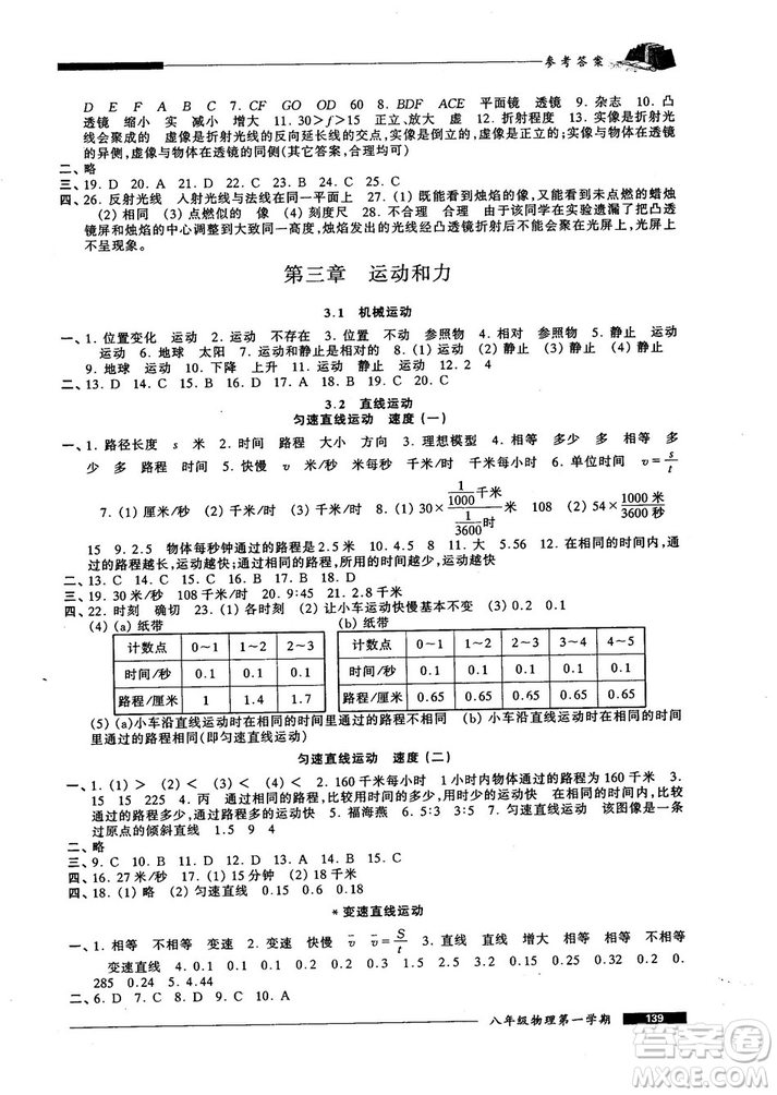 我能考第一金牌一課一練2018版物理試用本八年級(jí)第一學(xué)期參考答案