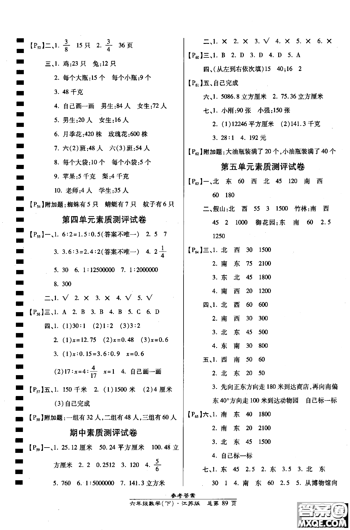 2019版高效課時通六年級下冊數學江蘇版小學同步課時訓練參考答案