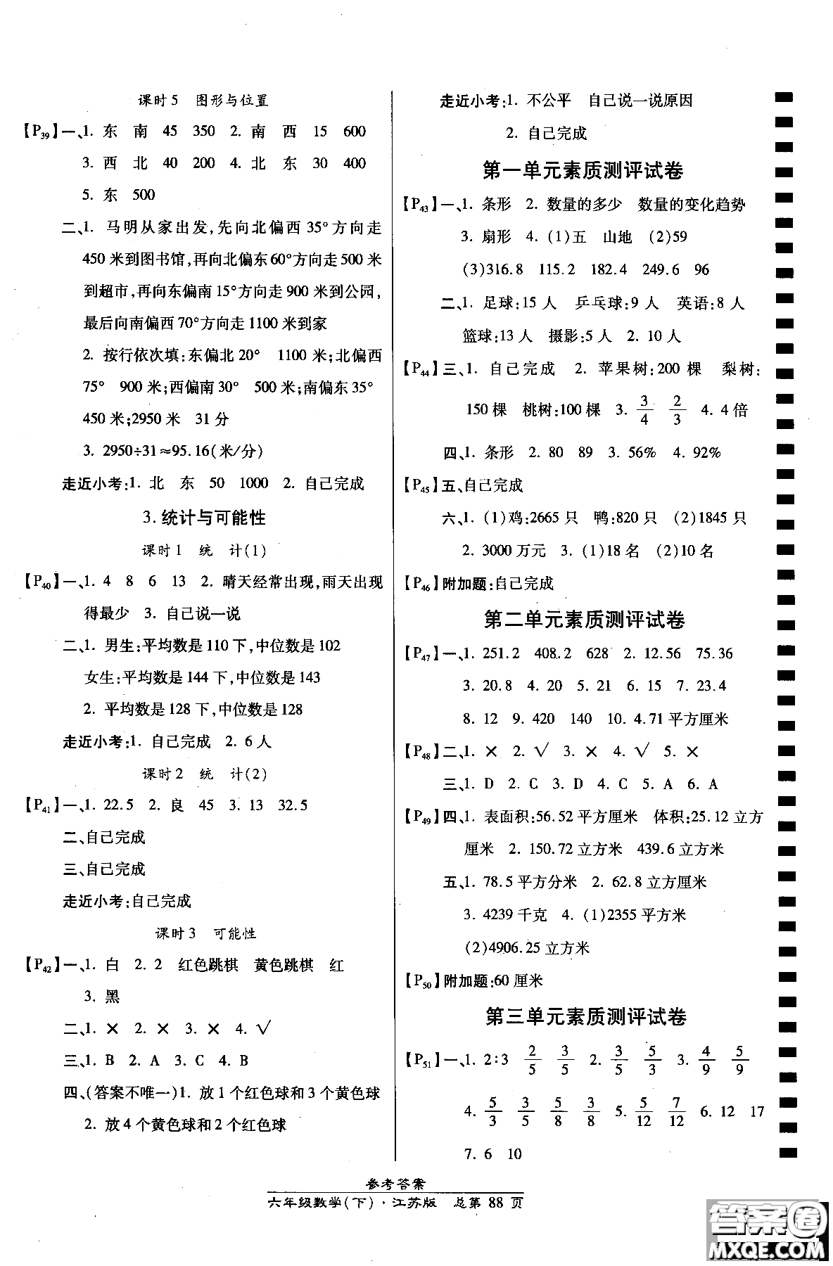 2019版高效課時通六年級下冊數學江蘇版小學同步課時訓練參考答案