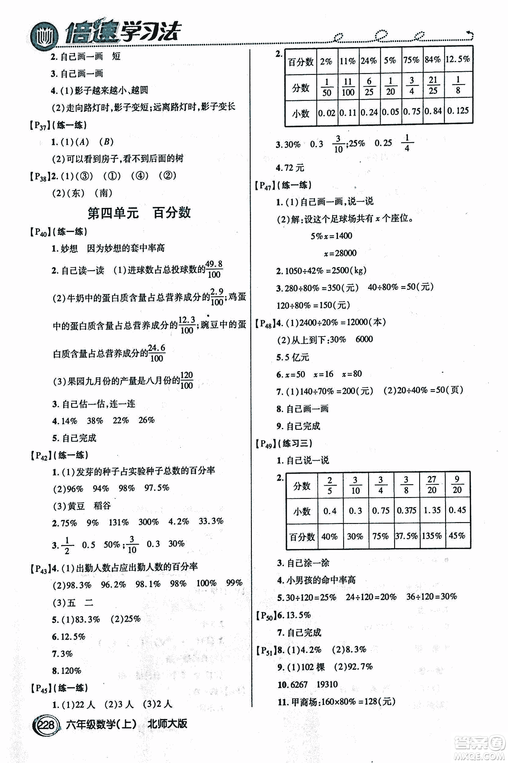 2018年小學(xué)數(shù)學(xué)倍速學(xué)習(xí)法六年級(jí)上冊(cè)北師大版參考答案