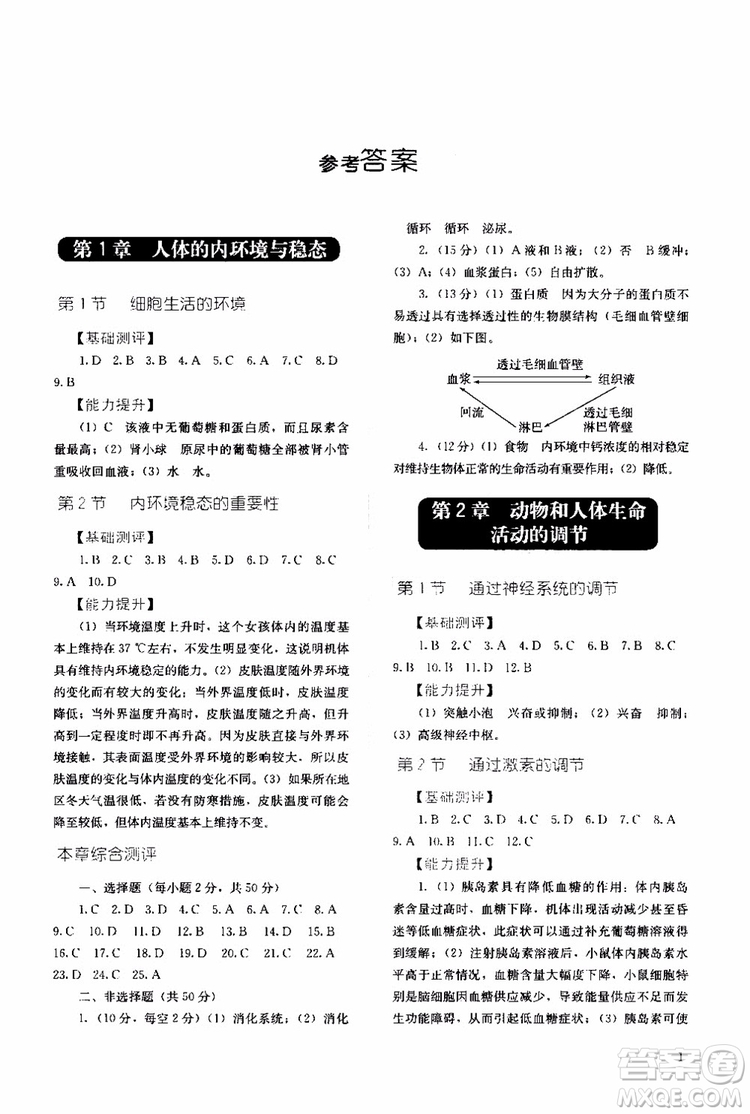2018年同步解析與測評生物必修3穩(wěn)態(tài)與環(huán)境參考答案
