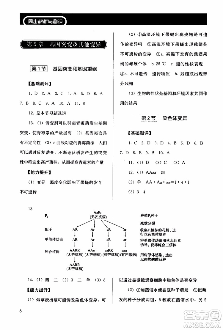 2018年人教版同步解析與測(cè)評(píng)生物必修2遺傳與進(jìn)化參考答案