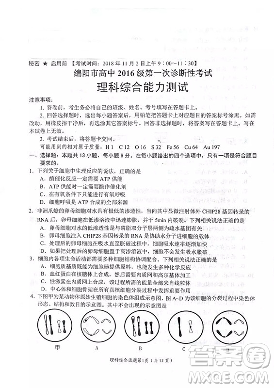 綿陽市高中2016級(jí)第一次診斷性考試?yán)砜凭C合能力測(cè)試試卷及參考答案