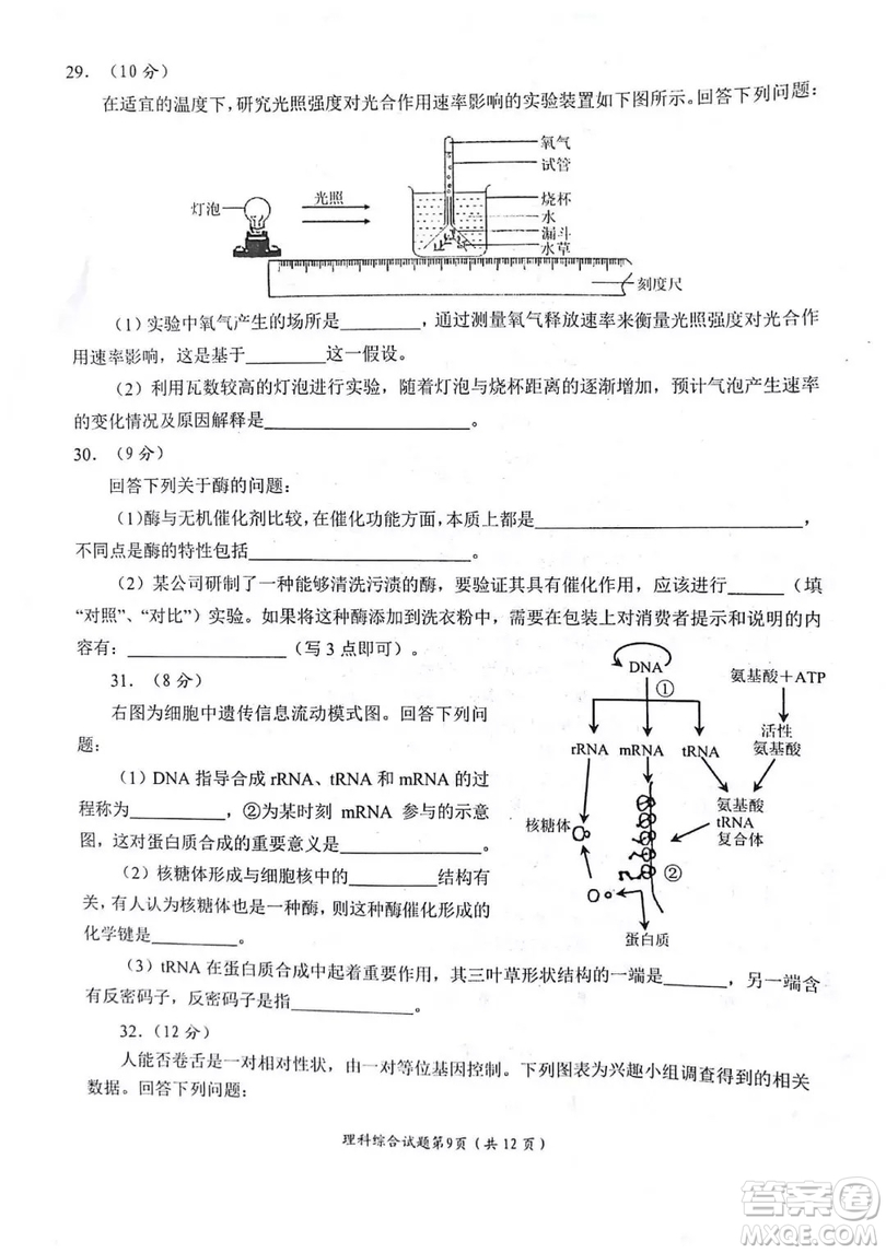 綿陽市高中2016級(jí)第一次診斷性考試?yán)砜凭C合能力測(cè)試試卷及參考答案