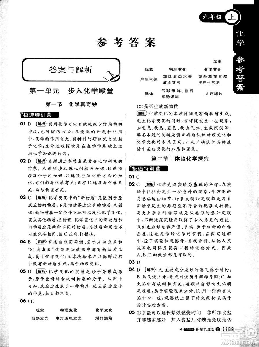 2018版課堂直播化學(xué)九年級上冊魯教版LJ六三制參考答案