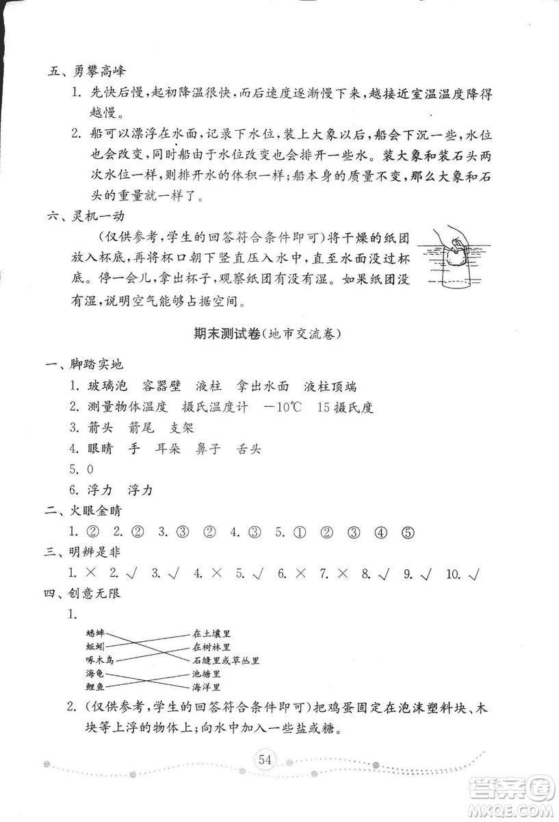 2018秋金鑰匙小學(xué)科學(xué)試卷青島版三年級(jí)上冊(cè)參考答案