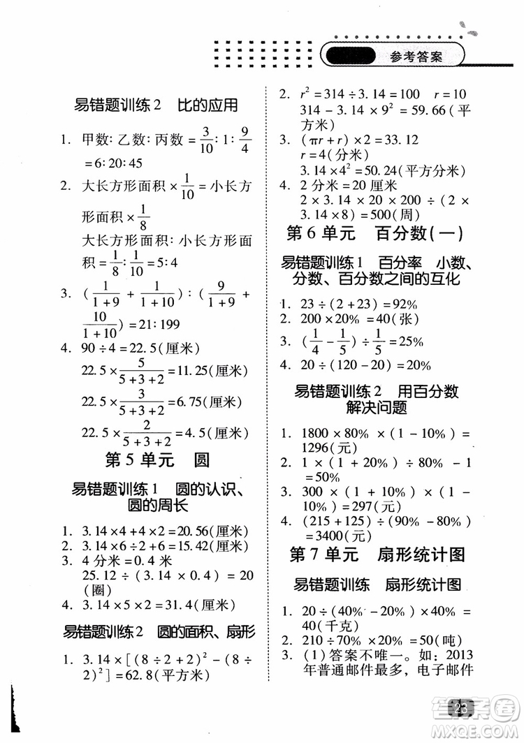 2018年木頭馬應(yīng)用題小狀元小學(xué)數(shù)學(xué)應(yīng)用題通關(guān)訓(xùn)練六年級上冊參考答案