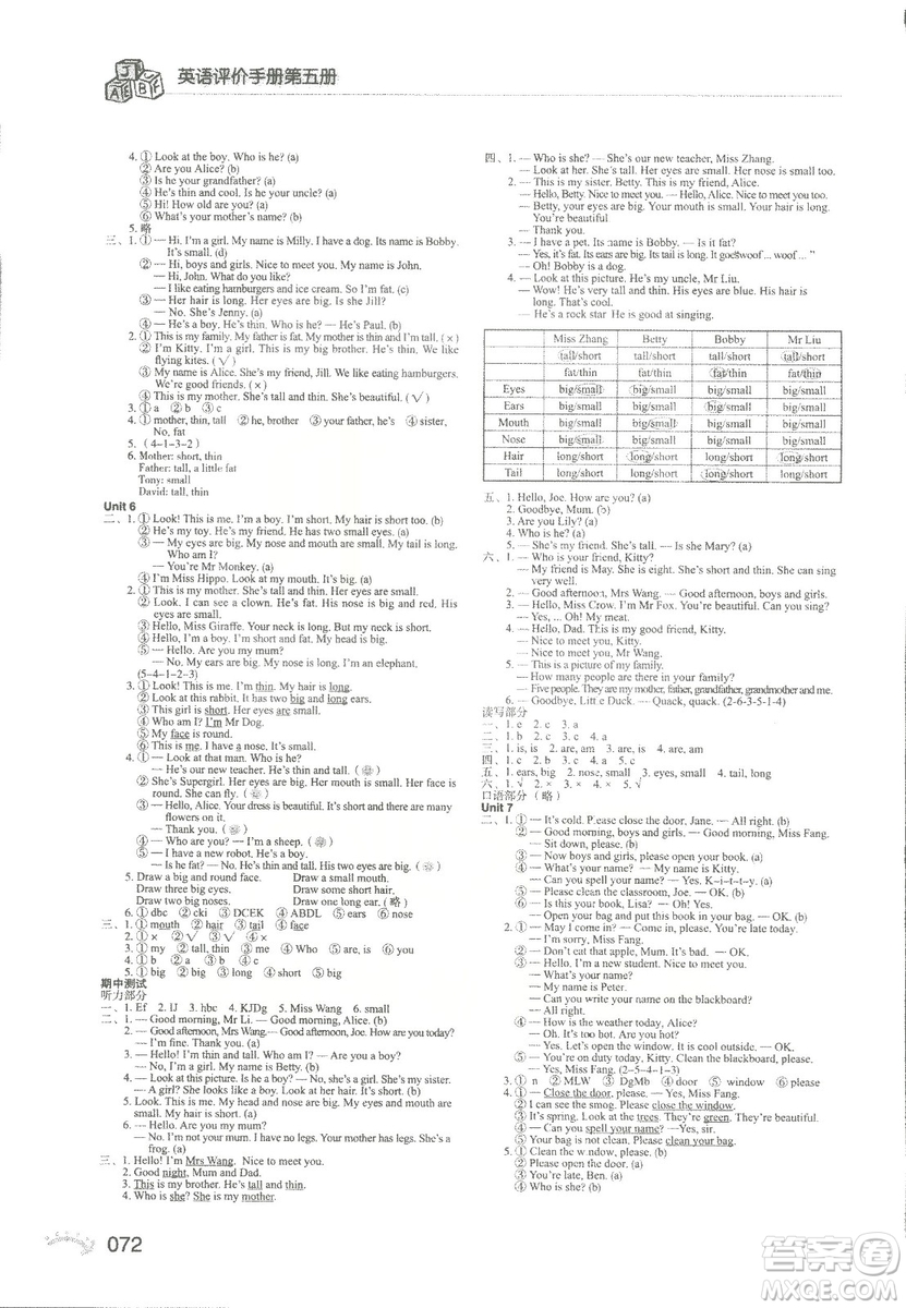 2018秋新版知識與能力訓練英語評價手冊第五冊上教版三年級上冊答案