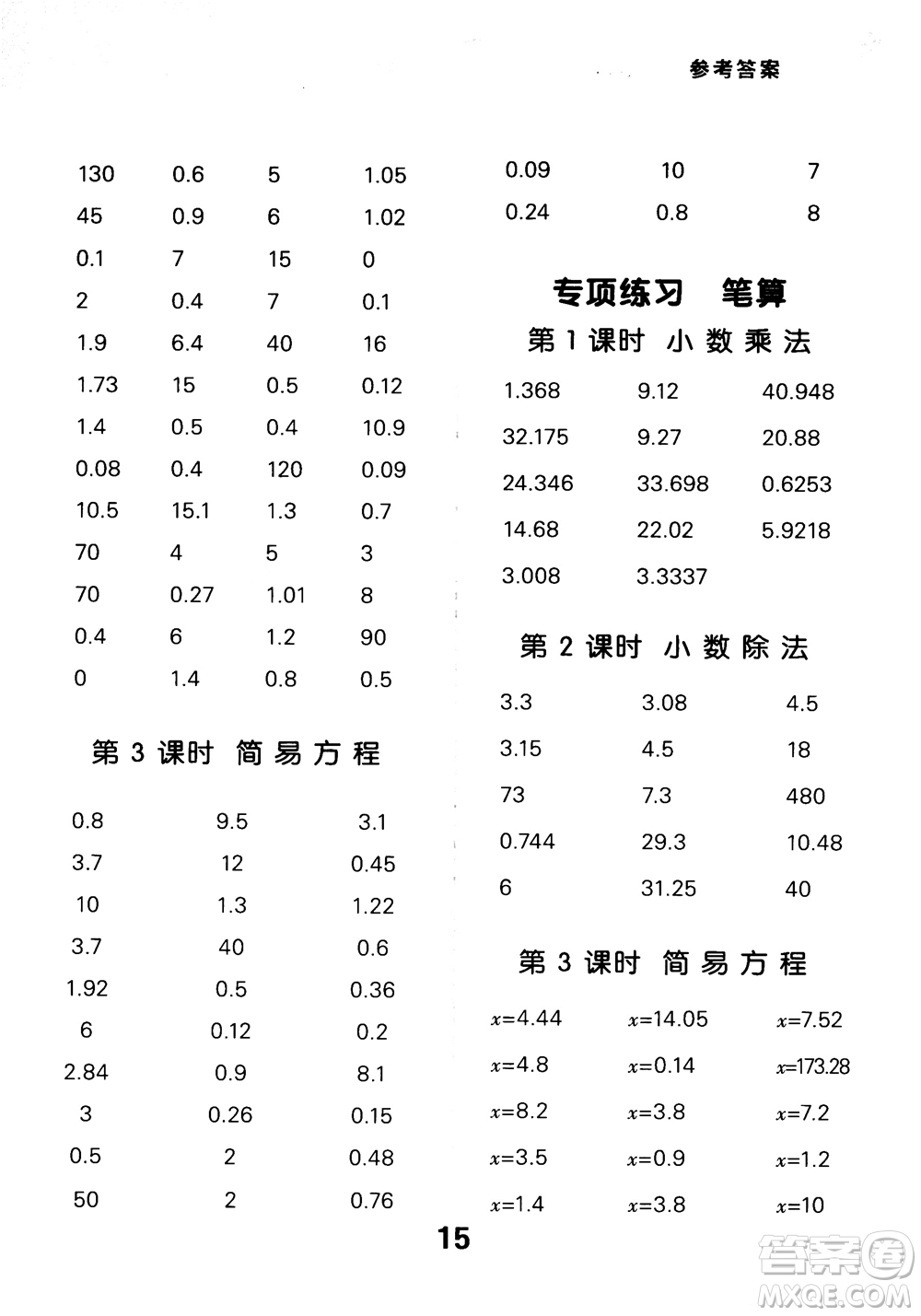 2018年秋小學口算大通關數(shù)學五年級上冊RJ人教參考答案