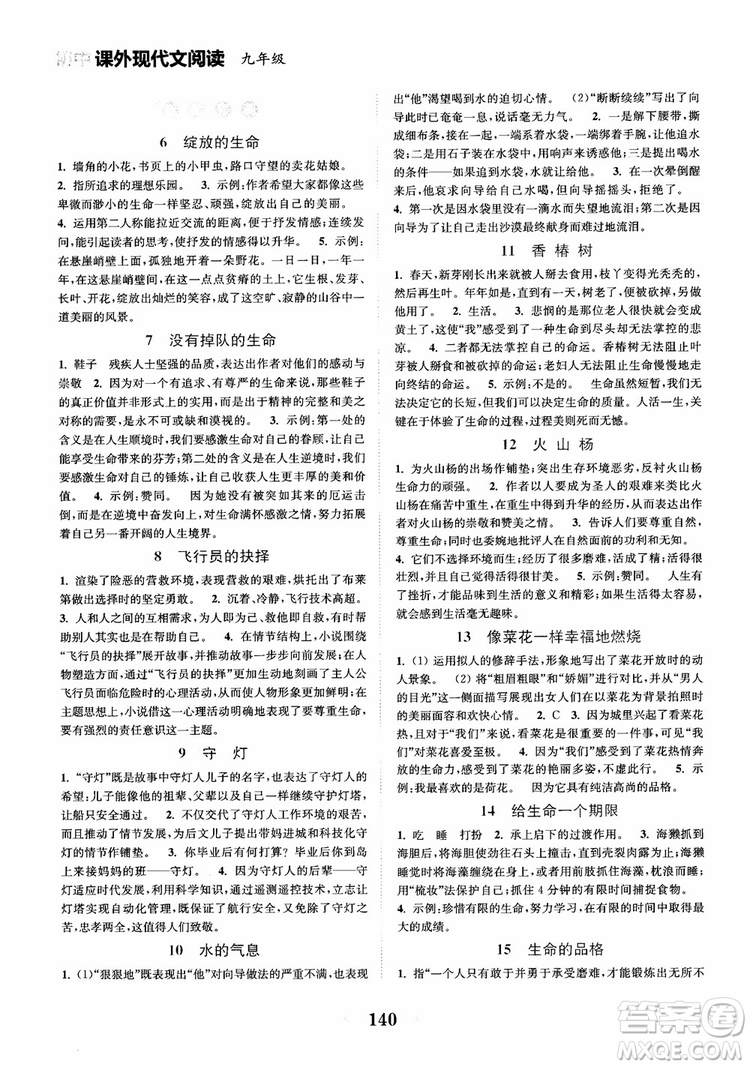 2018年初中課外現(xiàn)代文閱讀120篇九年級(jí)參考答案