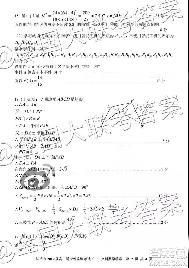 畢節(jié)市2019屆高三適應(yīng)性監(jiān)測(cè)考試一文科數(shù)學(xué)參考答案