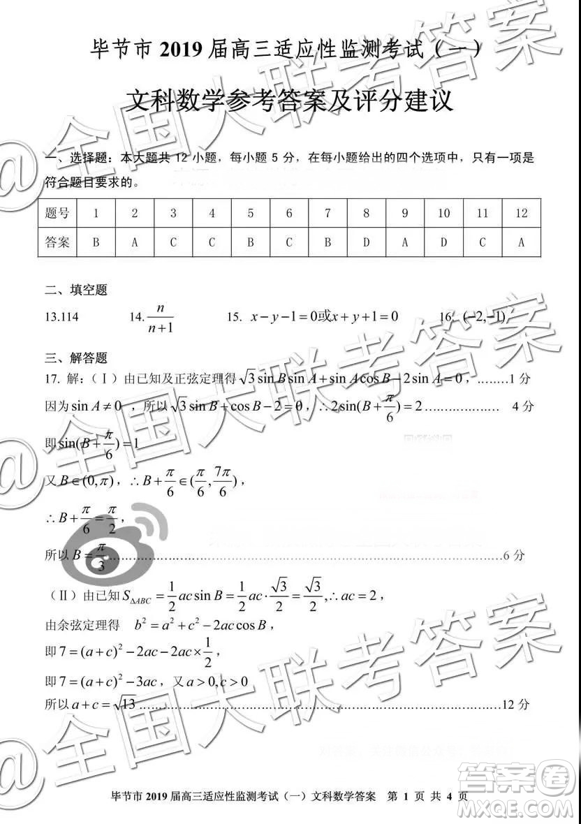 畢節(jié)市2019屆高三適應(yīng)性監(jiān)測(cè)考試一文科數(shù)學(xué)參考答案