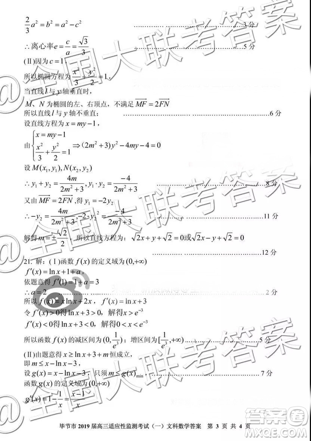 畢節(jié)市2019屆高三適應(yīng)性監(jiān)測(cè)考試一文科數(shù)學(xué)參考答案