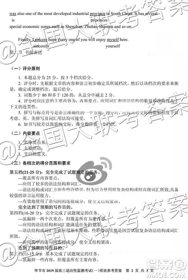 畢節(jié)市2019屆高三適應(yīng)性監(jiān)測考試一英語參考答案與評(píng)分意見