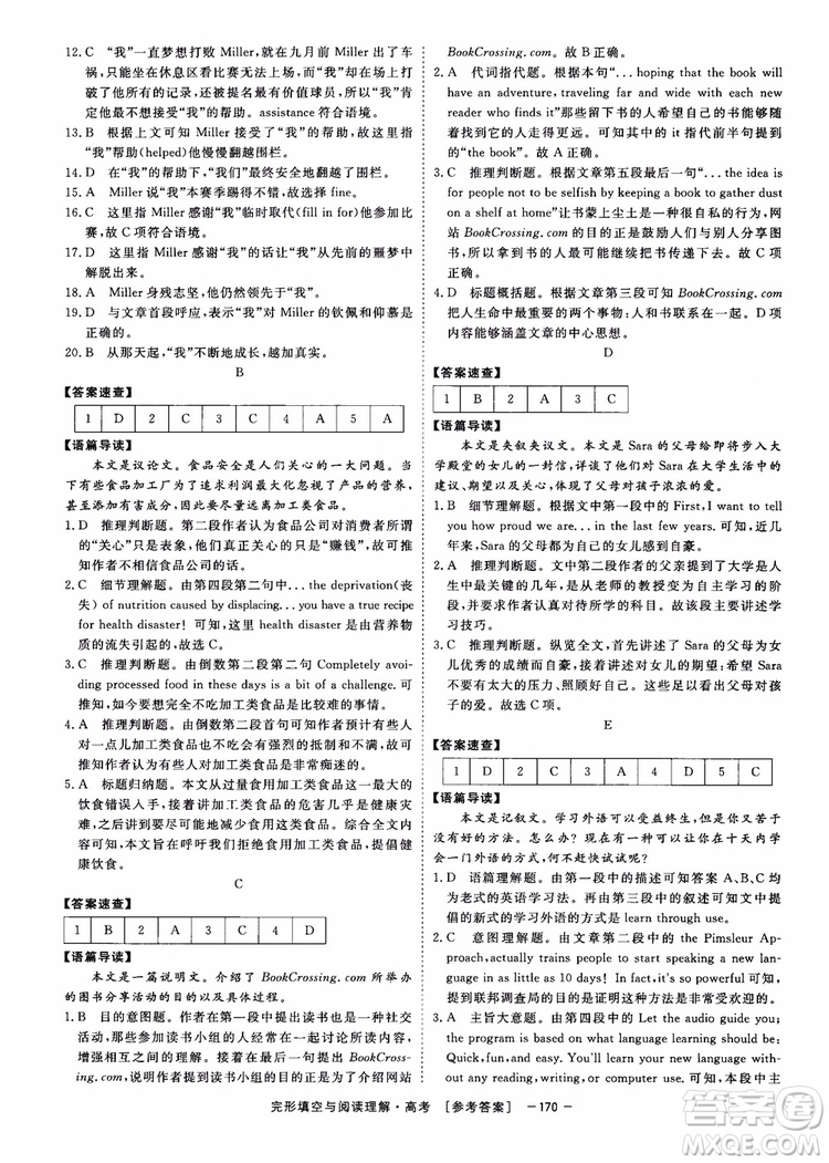 唐人英語2019頂尖訓(xùn)練高考完形填空與閱讀理解160篇參考答案