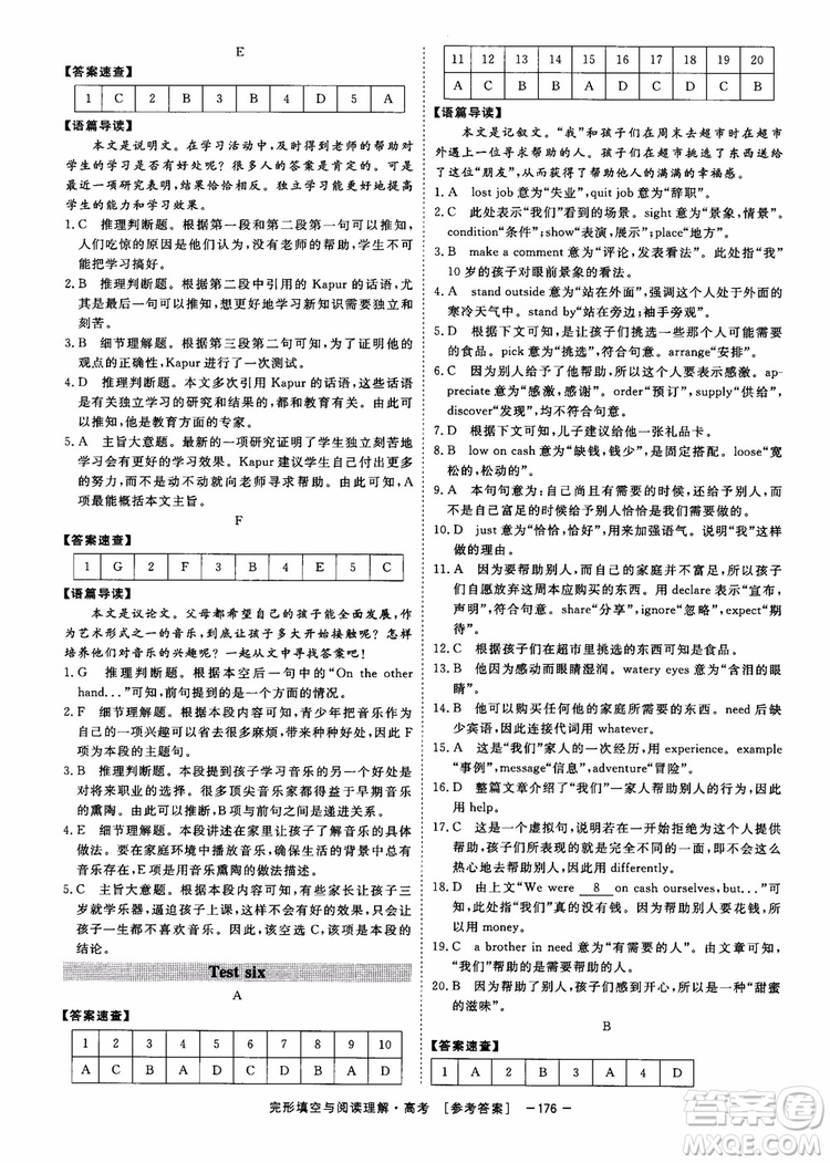 唐人英語2019頂尖訓(xùn)練高考完形填空與閱讀理解160篇參考答案