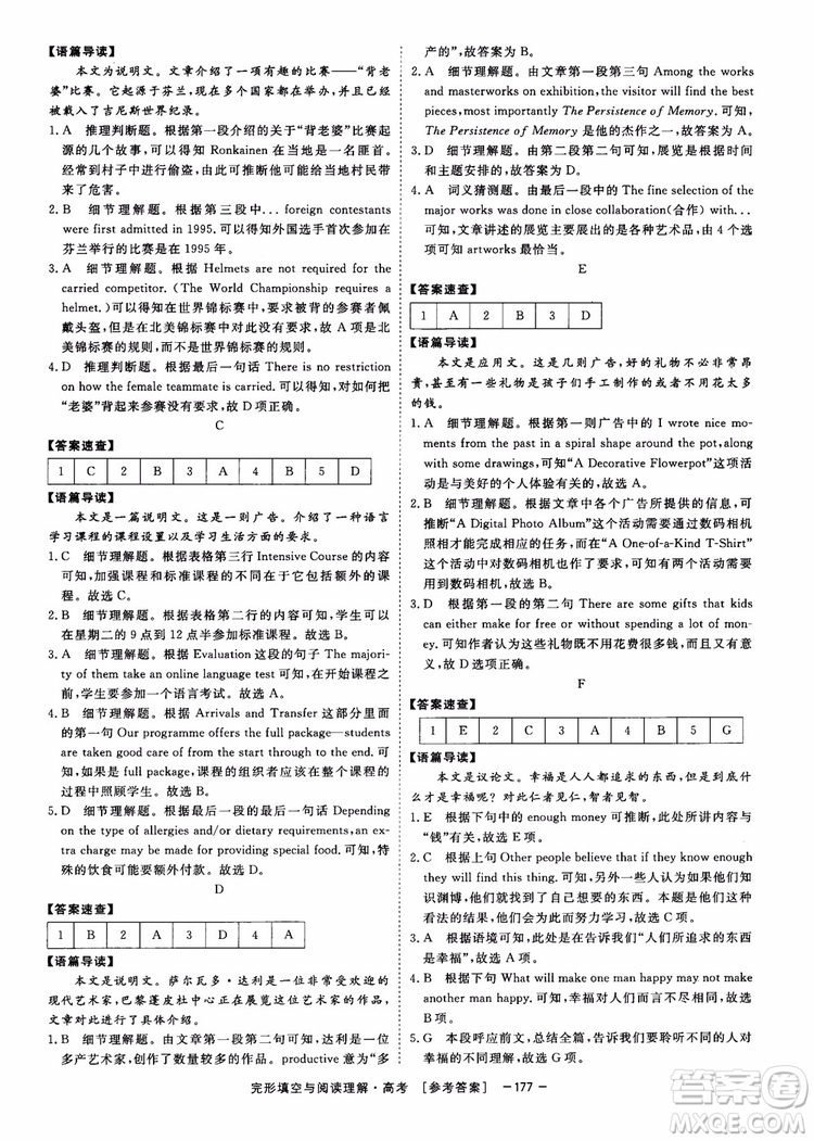 唐人英語2019頂尖訓(xùn)練高考完形填空與閱讀理解160篇參考答案