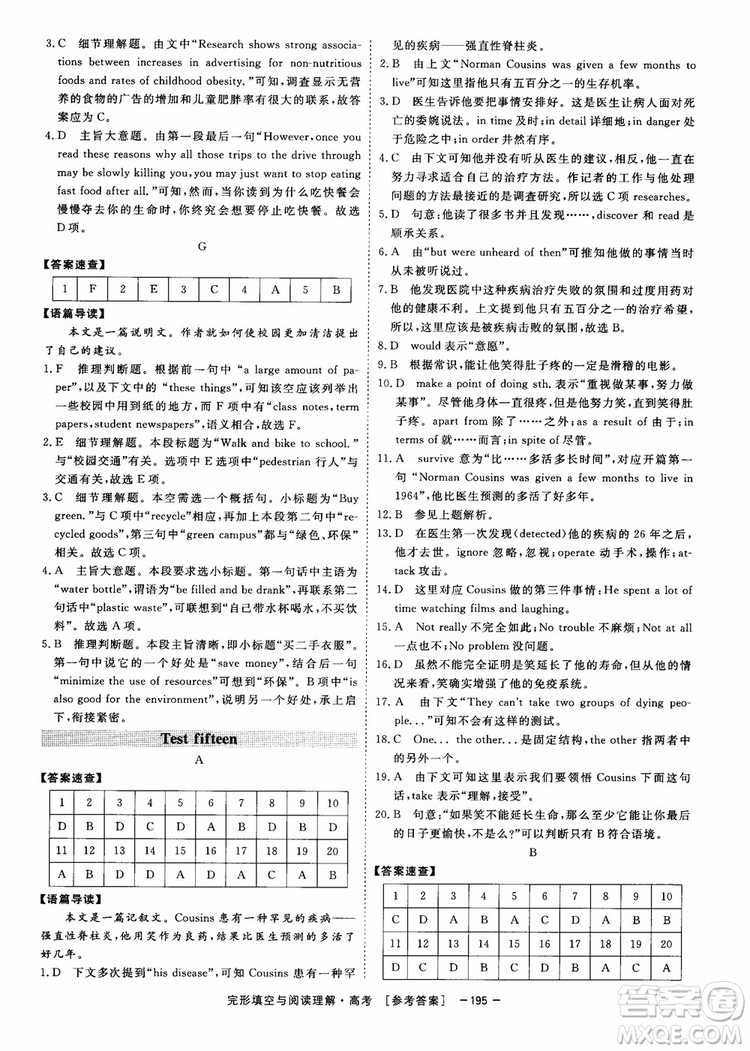 唐人英語2019頂尖訓(xùn)練高考完形填空與閱讀理解160篇參考答案
