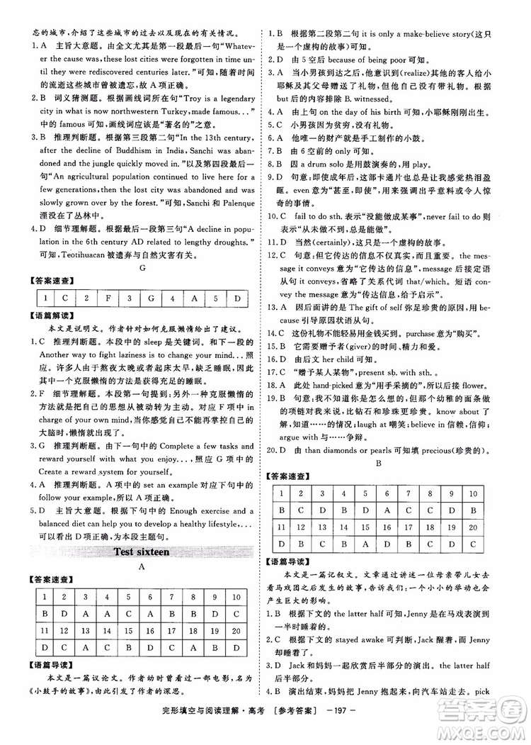 唐人英語2019頂尖訓(xùn)練高考完形填空與閱讀理解160篇參考答案